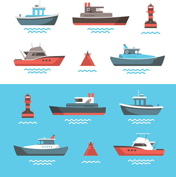 Vector illustrations of boats Set of little boats and buoys with blue sea background and isolated on white. Side view illustration. boat stock illustrations