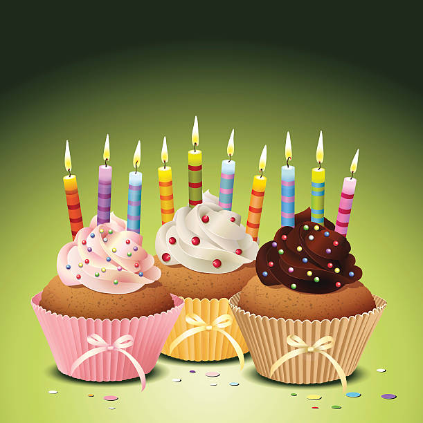 ilustraciones, imágenes clip art, dibujos animados e iconos de stock de cupcakes con 10 colorido quemar velas - kunst