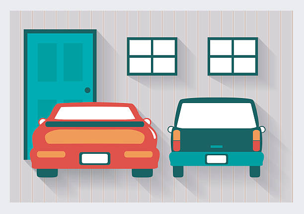 거라지 적색 스포츠 카 및 관측소 왜건 걸리죠 섀도스 - stationwagon stock illustrations