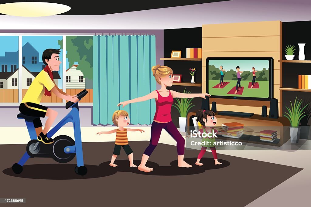 Healthy family exercising together A vector illustration of healthy family exercising together indoor at home Mother stock vector