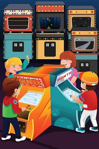 ilustraciones, imágenes clip art, dibujos animados e iconos de stock de niños jugando videojuegos - arcade amusement arcade leisure games machine