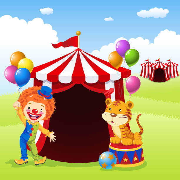 ilustrações de stock, clip art, desenhos animados e ícones de palhaço e tigre na frente de tenda de circo - entertainment clown child circus