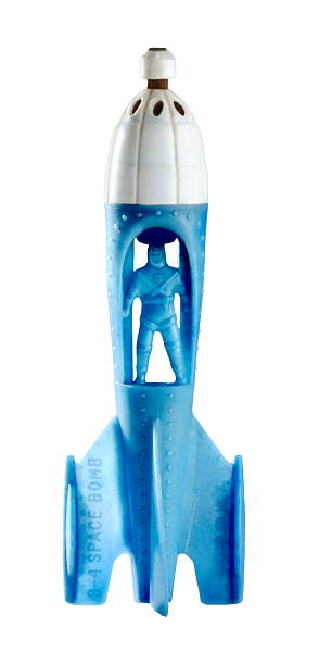 Blue Man Inside Blue and White Rocket stock photo