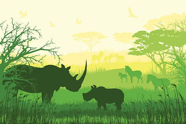 Vector illustration of Green and yellow silhouettes of African wildlife