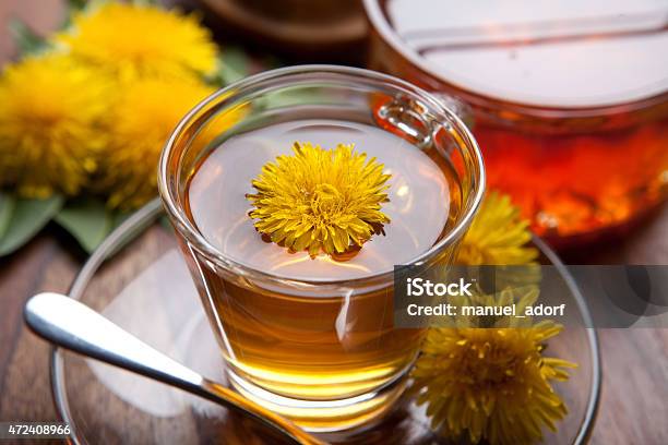 Dandelion Tisane Tea With Blossom Inside Teacup On Wooden Table Stock Photo - Download Image Now