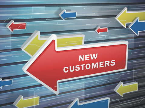 moving red arrow of new customers words on abstract high-tech background