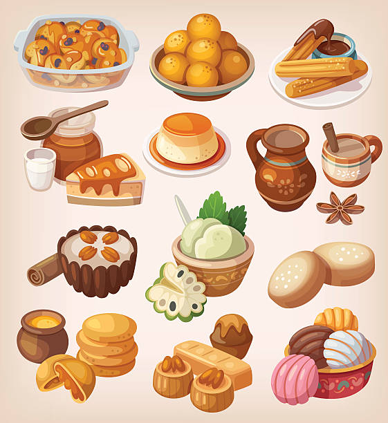 색상화 전통 멕시코 디저트 - tart caramel dessert pastry stock illustrations