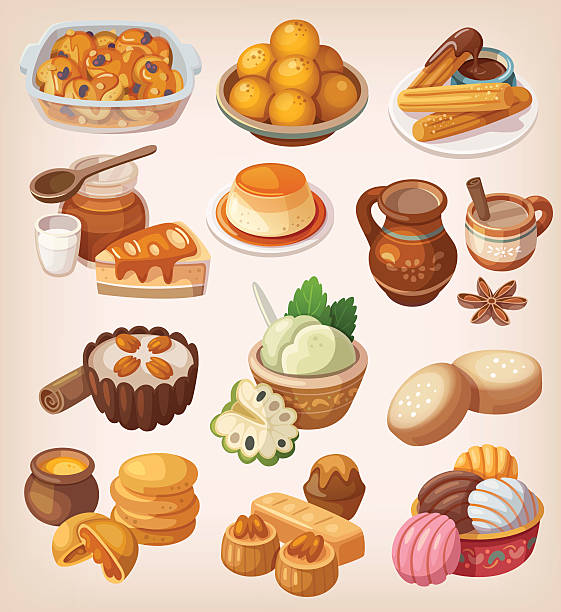 Colorful traditional mexican desserts Colorful illustrations of traditional mexican desserts and other sweet meals baked pastry item stock illustrations