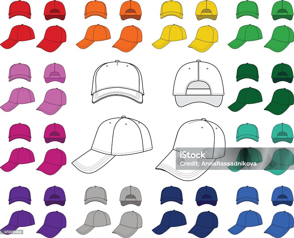 Cap outlined template Cap vector illustration featured front, back, side, top isolated on white. You can change the color or you can add your logo easily. Baseball Cap stock vector