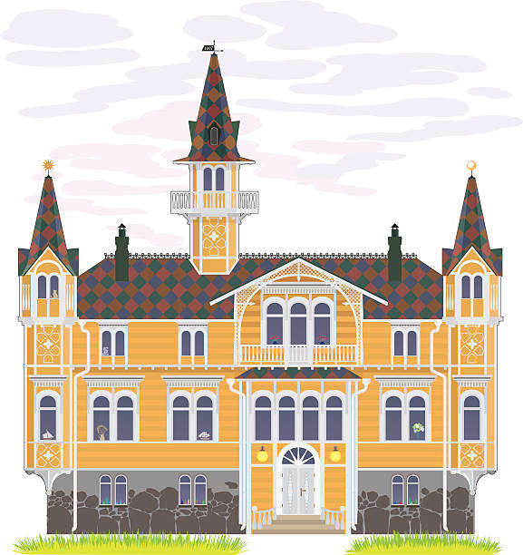 Big country house Wooden country summer house with turrets victorian house stock illustrations