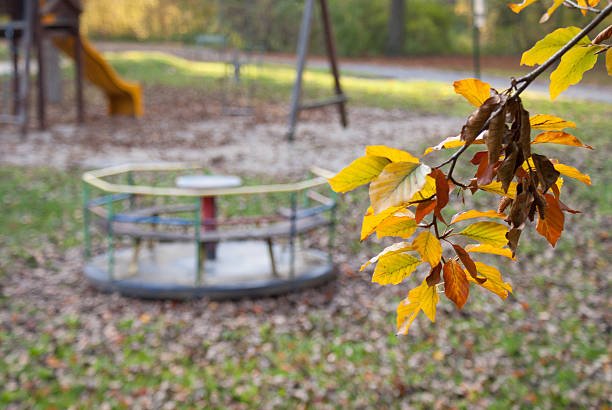 A lost playground in Autumn with seasonal colors and leaves.
