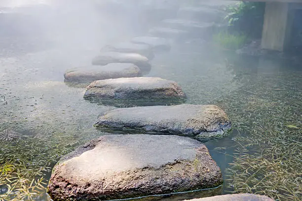 stepping stones across a pond.