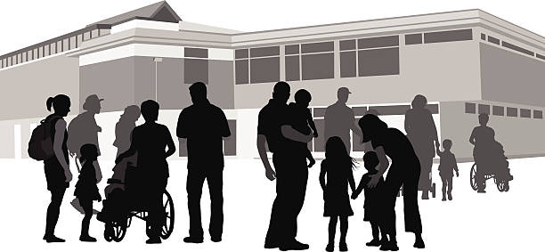Community Spirit A silhouette vector illustration of several people gathered outside of a comminuty center.  There is a young family with three children, a woman pushing a wheelchair, and a young woman waering a backpack with her young daughter. community center stock illustrations