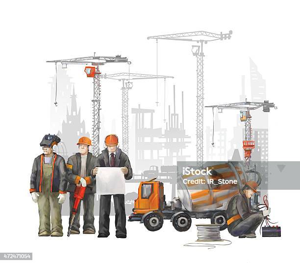 Professional Builders Team In Constraction Work Stock Illustration - Download Image Now - 2015, Cement Truck, Construction Industry