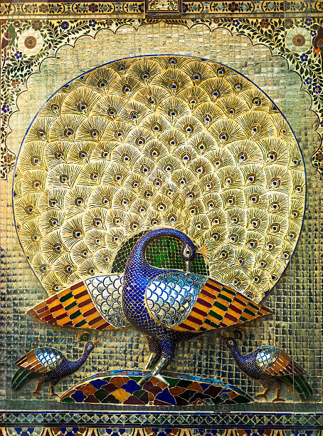 Beautiful glass mosaics of peacocks at Udaipur City Palace in Rajasthan, India. Constructed by Sajjan Singh.