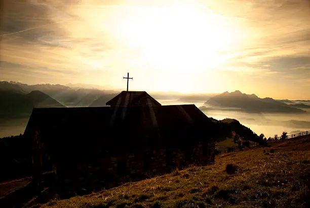 sunrise view of church located in Rigi Mountain in Switzerland. 