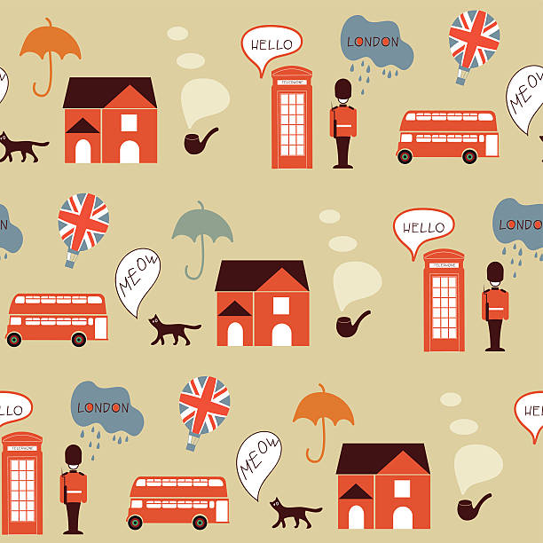 vintage wzór bezszwowe london street - hello angielskie słowo stock illustrations