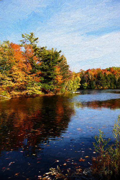 istock Digital art, artistic paint composition autumn landscape, lake view 472473492