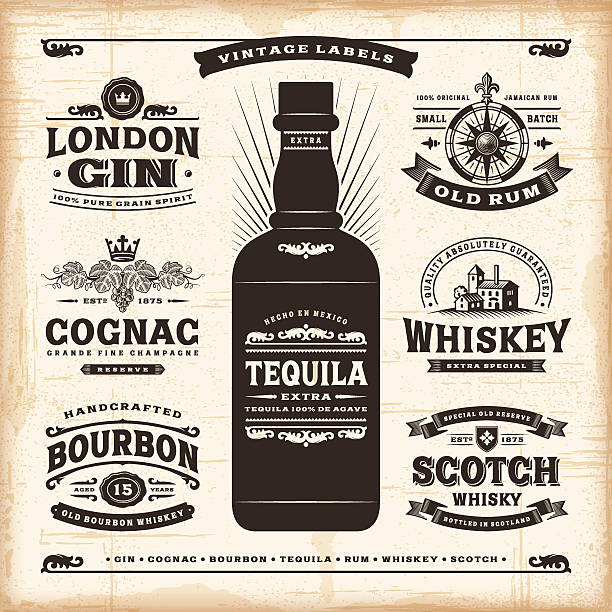 Vintage alcohol labels collection A set of fully editable vintage alcohol labels in woodcut style. EPS10 vector illustration. Includes high resolution JPG. tequila drink stock illustrations