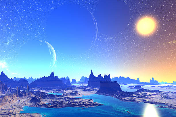 istock 3D rendered fantasy alien planet. Rocks and  moon 472482608