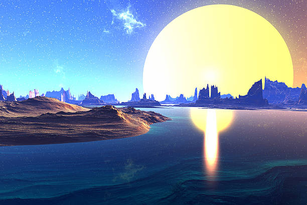 istock 3D rendered fantasy alien planet. Rocks and  moon 472482612