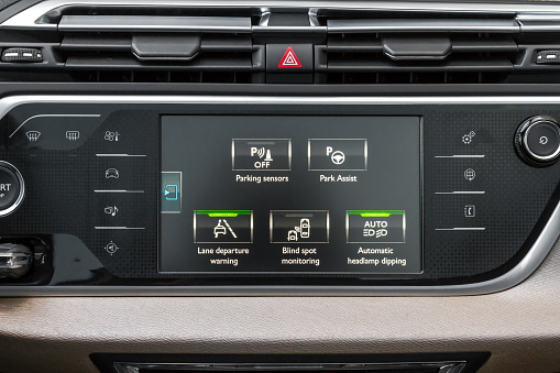 Close up shot of a modern car electronic safety systems