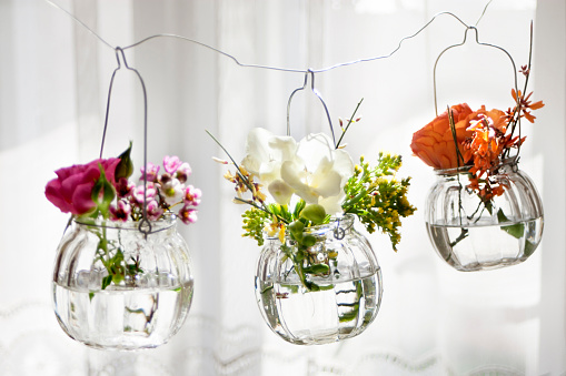 Three hanging glasses with fresh flowers