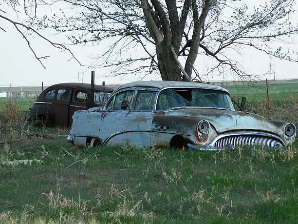 Rusted hulks of old buicks - possibly a 1954 Roadmaster in the forecround and 1941 4 door sedan in the back taken near Clinton OK.
