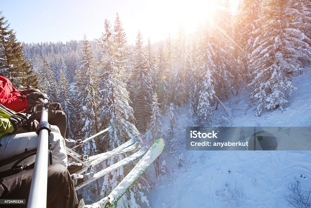 family sitting in ski lift legs family sitting in ski lift, with place for texr Skiing Stock Photo