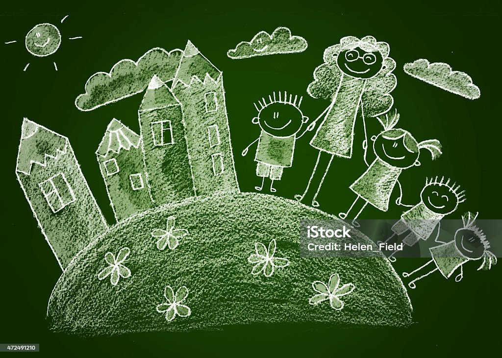 Happy kids Green blackboard kids sketch drawing. White chalk 2015 stock illustration