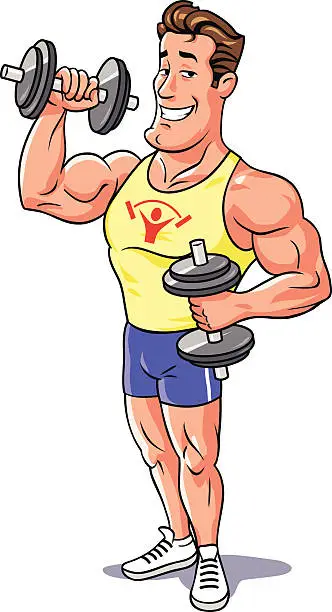 Vector illustration of Muscular Man Exercising With Dumbbells