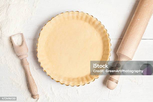 Tart Pie Preparation Dough With Yeast And Rolling Pin On Stock Photo - Download Image Now