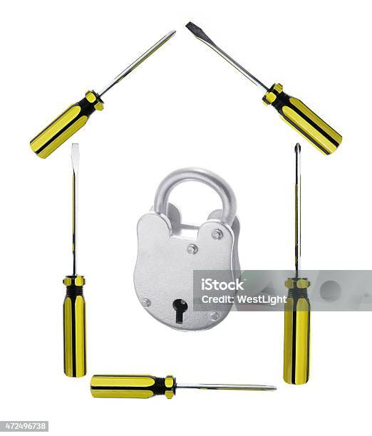 Screwdrivers And Padlock Stock Photo - Download Image Now - 2015, Carpentry, Cut Out