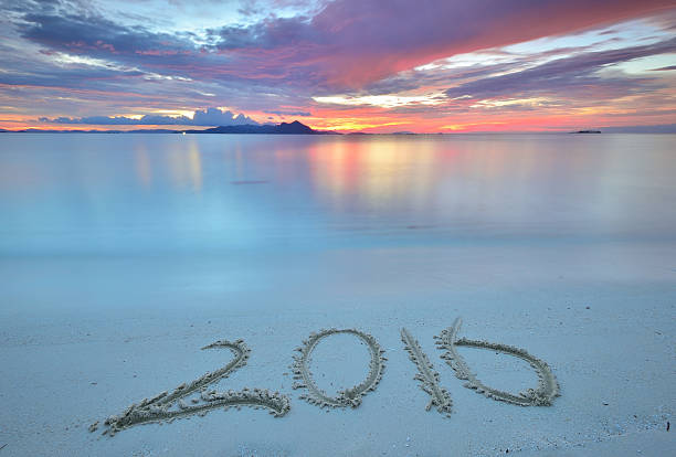 istock Number 2016 New Year written on sand at Sunset 472497444