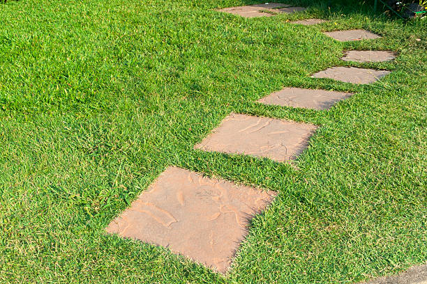 istock Garden stone path with grass growing up between the stones 472498414