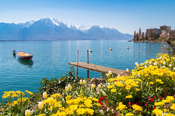 Swiss Riviera of Lake Geneva, Leman in Montreux, Switzerland Flowers, mountains and jetty on Lake Geneva, Montreux, Switzerland geneva switzerland photos stock pictures, royalty-free photos & images