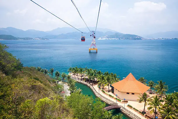 One of the world's longest cable car, leading to Vinpearl Amusement Park, view from cabin.  Nha Trang, Vietnam.