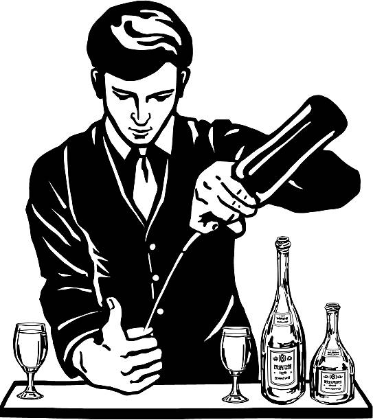 bartender at the bar with bottles vector art illustration