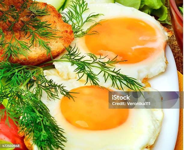 English Breakfast Scrambled Eggs Toasts Bacon Ham Vegetables Stock Photo - Download Image Now