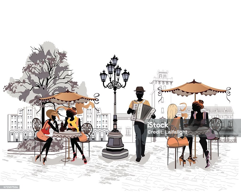 Graphic illustration of people in an old street cafe  People are in the street cafe in the old city. Street musician with an accordion.  Cafe stock vector
