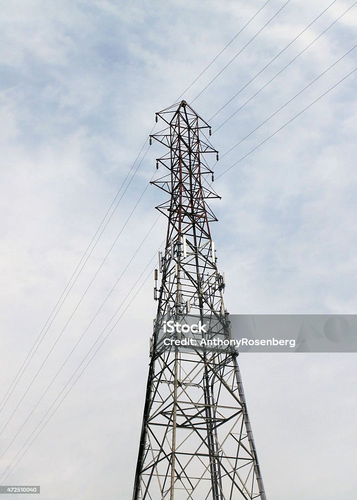 Power Lines Closeup of power lines on a tower in a urban setting.   2015 Stock Photo