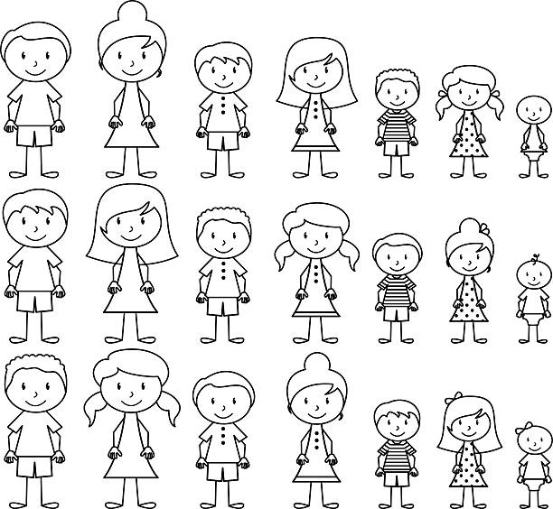Vector format illustration of cute and diverse stick people Set of Cute and Diverse Stick People in Vector Format, strokes expanded but image not flattened so different aspects of each person can be easily altered. No transparencies or gradients used. Large JPG included. Each element is individually grouped for easy editing. family drawing stock illustrations