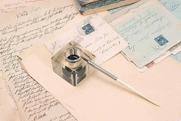 istock Vintage background with old paper, old ink pen, handwrite letter 472512788