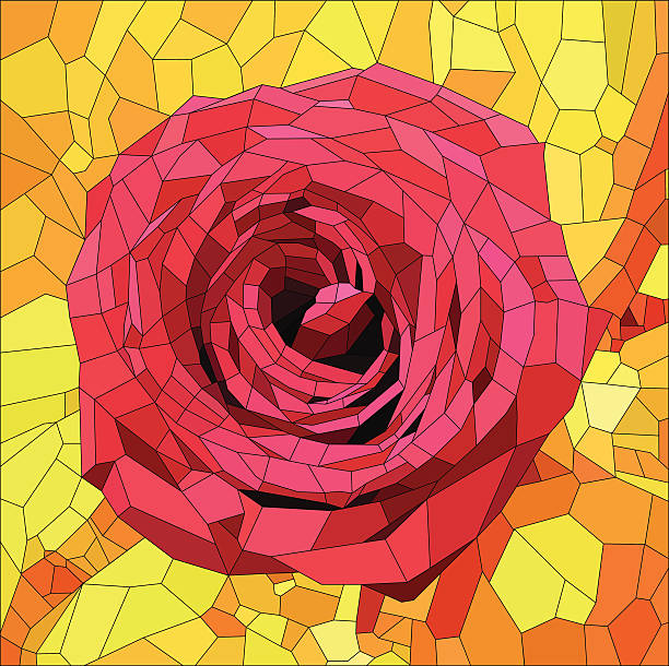 stained glass with red rose on orange and yellow background vector art illustration