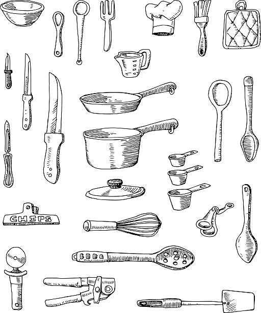 ilustraciones, imágenes clip art, dibujos animados e iconos de stock de las ilustraciones a mano, vajilla de cocina - white background container silverware dishware