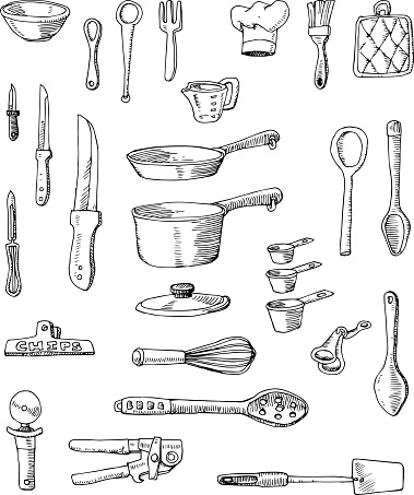 A set of hand-drawn cooking utensils, pots and pans. 