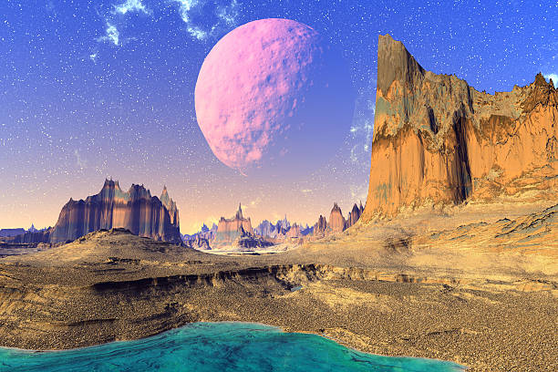 istock 3D rendered fantasy alien planet. Rocks and  moon 472518000