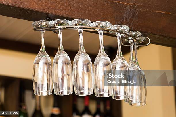 Set Of Emty Glass Hanging In Restaurant Stock Photo - Download Image Now - 2015, Alcohol - Drink, Backgrounds