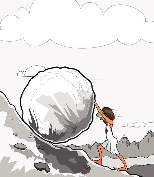 Sisyphus rolling a boulder Illustration of king Sisyphus rolling a boulder up the hill. sisyphus stock illustrations