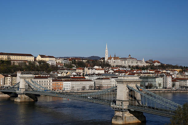 Budapest Chain Bridge and Matthias Church Budapest Chain Bridge and Matthias Church captured opposite the river Danube from a high building. Clear blue sky. arma-globalphotos stock pictures, royalty-free photos & images